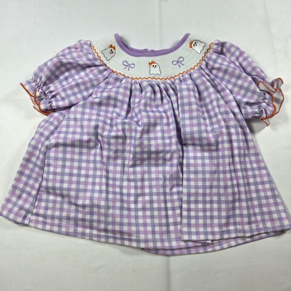 Purple Gingham Smocked Ghost Halloween Top Kids Size 3 Short Sleeve Embroidery